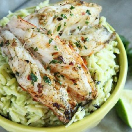 Avocado Orzo with Garlicky Grilled Shrimp.
