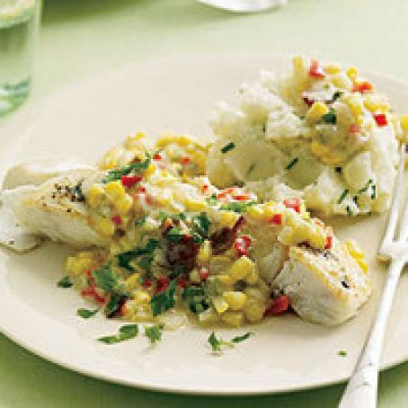 Halibut with Corn Gravy and Chive Mashed Potatoes