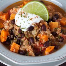 Black Bean, Sweet Potato, Quinoa Chicken Chili 