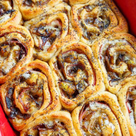 Ham and Cheese Rolls with Caramelized Pineapple and Onions