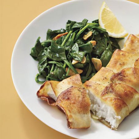 Potato-Wrapped Halibut with Sautéed Spinach