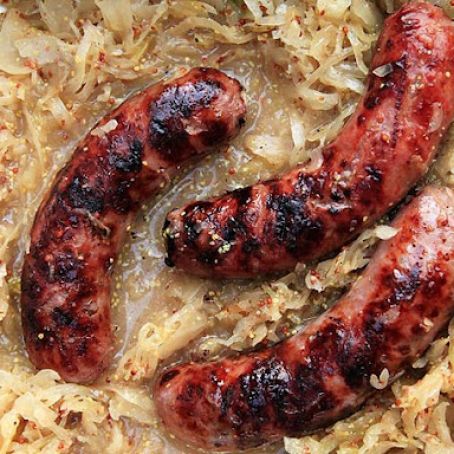 Grilled Bratwurst with Beer, Mustard, and Sauerkraut 