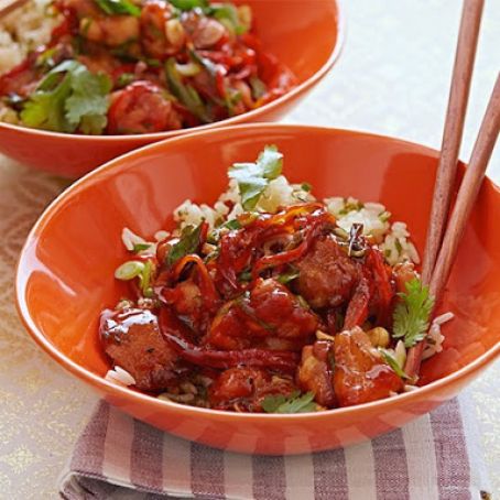 Asian Barbecued Chicken Stir Fry with Peanuts and Rice