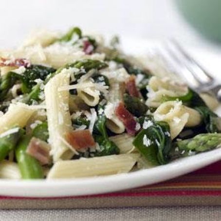 Penne with Asparagus, Spinach, and Bacon