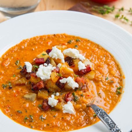 Creamy Roasted Red Pepper and Cauliflower Soup with Goat Cheese