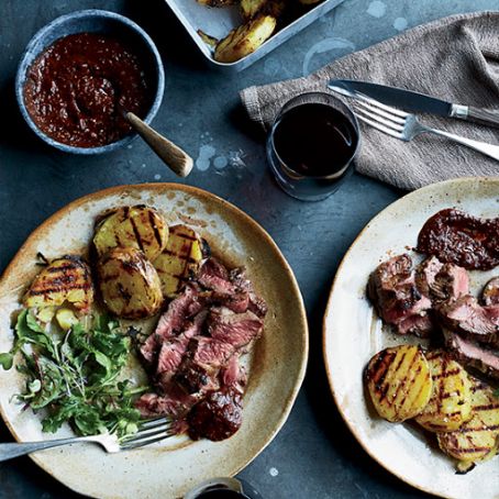 Grilled Butterflied Leg of Lamb with Ancho-Huckleberry Sauce
