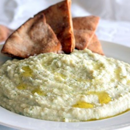 Garlic White Bean Basil Hummus and Homemade Toasted Pita Chips