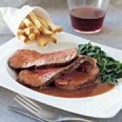 Beef Tenderloin with Red Wine Sauce, Creamed Spinach, and Truffled French Fries