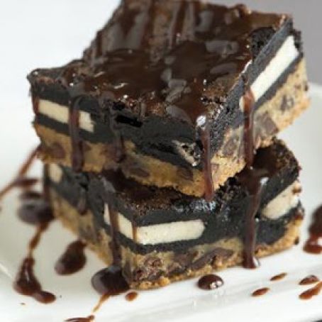 Triple Decker Brownies with Bourbon Chocolate Sauce