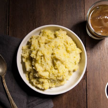 Paleo Parsnip & Brussels Mash with Bacon and Caramelized Onion Paleo Au Jus