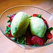 Basil ice cream with macerated strawberries