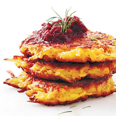 Crispy Root Vegetable Latkes with Beet Purée