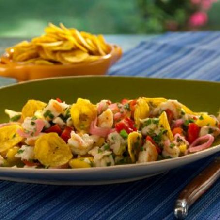 Ceviche (Shrimp and Grouper) with Serrano Chiles, Mango, Smoked Tomatoes, Crispy Plantain Chips