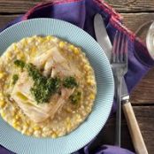 Pan Seared Pacific Cod with Cilantro Vinaigrette and Creamed Corn