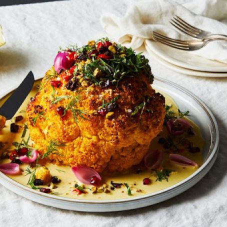 Cauliflower (Whole Roasted) with Turmeric-Tahini Sauce & Pistachios