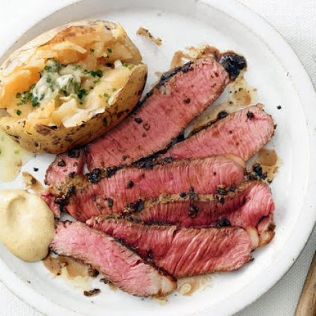 Herb-and-Mustard Sirloin With Baked Potatoes