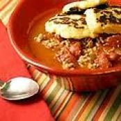 Turkey Chipotle Chili with Pepper Jack Cheese Corn Cake Toppers