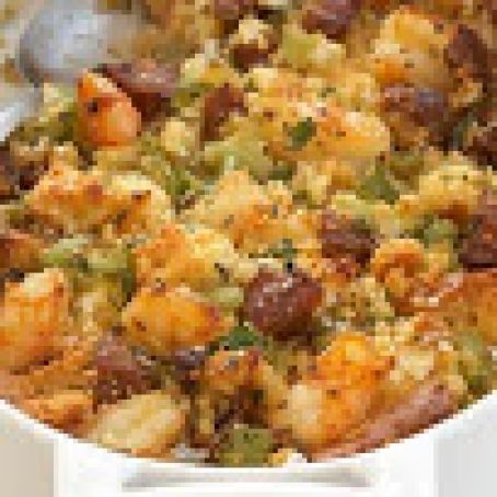 Corn Bread Stuffing with Shrimp and Andouille