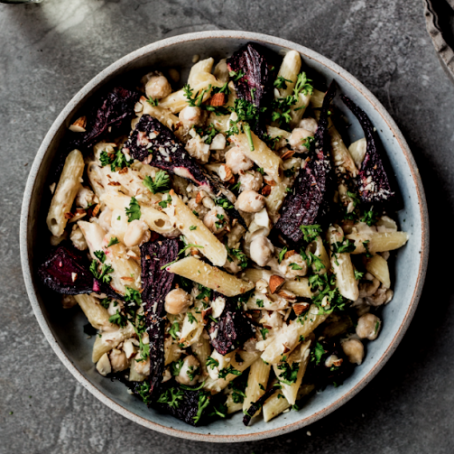 Beet & Chickpea Pasta with Lemon Tahini Sauce