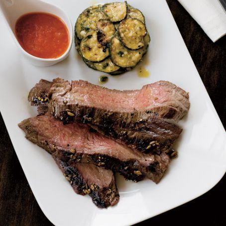 Grilled flank steak with zucchini and piedmontese tomato sauce