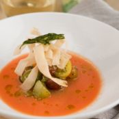 Marc Forgione's Tomato Soup with Basil Marinated Cherry Tomatoes and Spicy Spring Roll Crouton