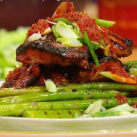 Grilled Sweet-and-Sticky Chicken, Asparagus and Harissa