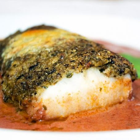 Sea Bass with Pesto Crust in Tomato Sauce