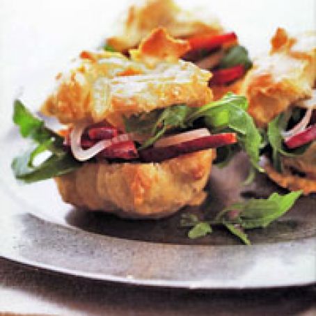 Gougères with Arugula, Bacon, and Pickled Onions