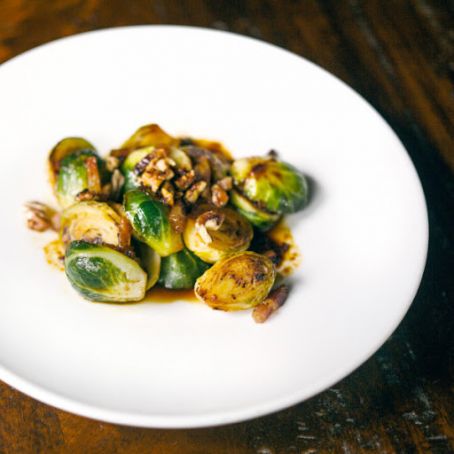 Sorghum-Glazed Brussels Sprouts with Bacon and Toasted Pecans