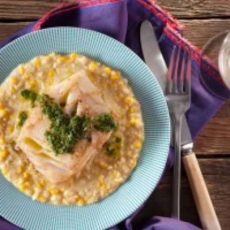Pan Seared Pacific Cod with Cilantro Vinaigrette and Creamed Corn