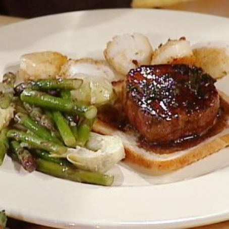 Baked Scallops and Seared Tournedos with Artichoke Hearts and Asparagus Tips