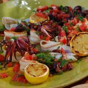 Charcoal Grilled Shrimp and Calamari with Grilled Lemons and Smoked Tomato-Black Olive Relish