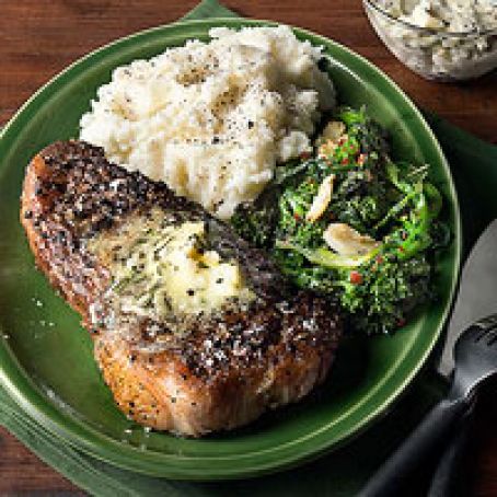 Strip Steaks with Rosemary-Garlic Butter, Taleggio Mashed Potatoes & Roasted Broccoli Rabe