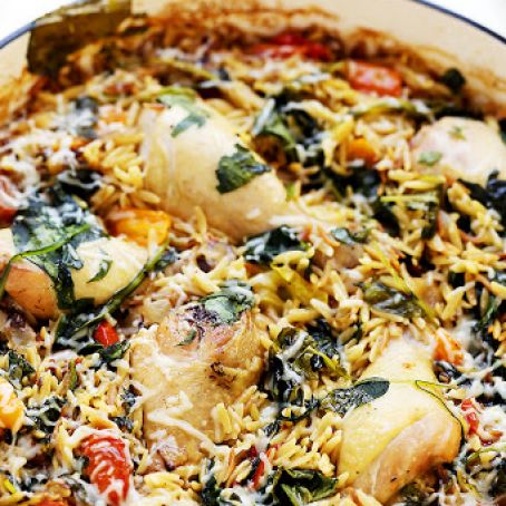 One Pot Chicken and Orzo with Spinach and Tomatoes