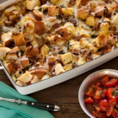 Caramelized Onion, Spinach and Gruyere Cheese Strata with Sauteed Cherry Tomatoes