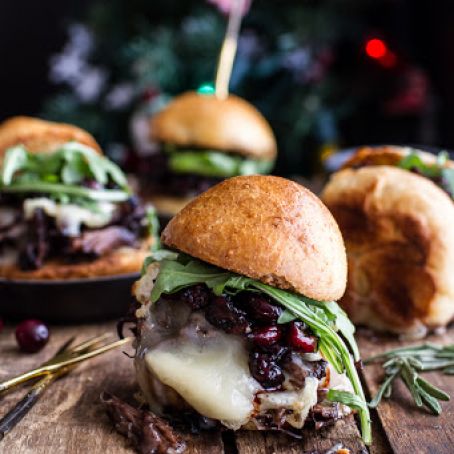 Gingery Steak and Brie Sliders with Balsamic Cranberry Sauce.