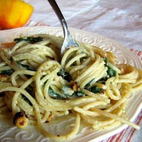 Spaghetti with Mascarpone, Meyer Lemon, Spinach, and Hazelnuts