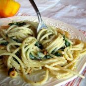 Spaghetti with Mascarpone, Meyer Lemon, Spinach, and Hazelnuts