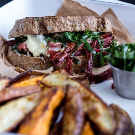 Savory Corn Beef Brisket + Irish Cheddar French Toast with Kale Pesto Slaw