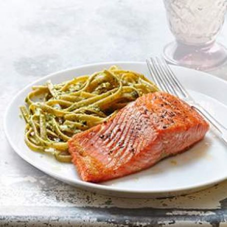 Seared Salmon with Pesto Fettuccine for Two
