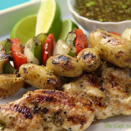 South-of-the-Border Grilled Chicken, Pepper & Potato Kabobs with Honey-Cumin Glaze & Drizzle 