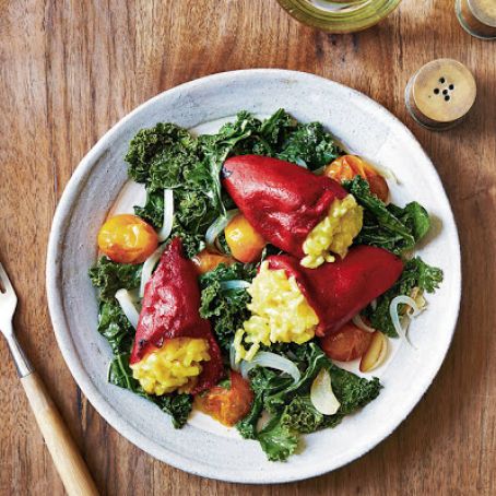 Saffron Risotto Stuffed Peppers Over Summer Kale