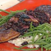 Seared Magret Duck Breast with Creamy Garlic Mashed Potatoes, Haricots Verts and Brandied Cherry Reduction Sauce