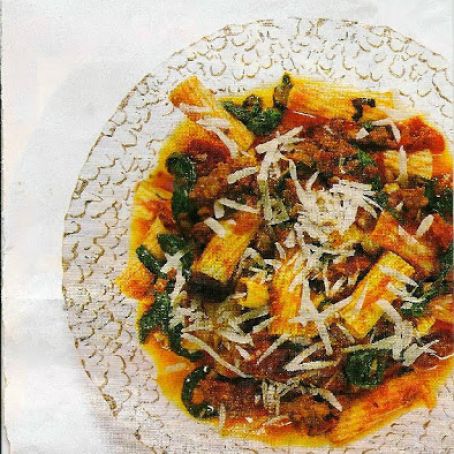 Rigatoni with Spicy Sausage-Tomato Sauce, Arugula and Parmesan
