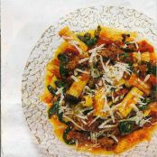 Rigatoni with Spicy Sausage-Tomato Sauce, Arugula and Parmesan