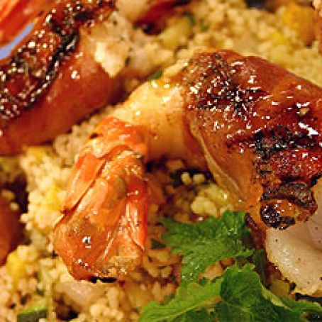 Grilled Jumbo Prawns Stuffed with Goat Cheese and Wrapped in Prosciutto