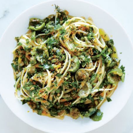 Linguine with Green Olive Sauce and Zesty Breadcrumbs