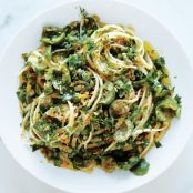Linguine with Green Olive Sauce and Zesty Breadcrumbs