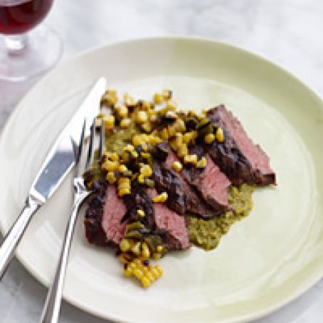 Grilled Skirt Steak with Poblano-Corn Sauce and Salsa