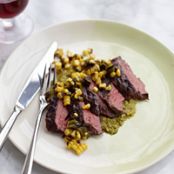 Grilled Skirt Steak with Poblano-Corn Sauce and Salsa